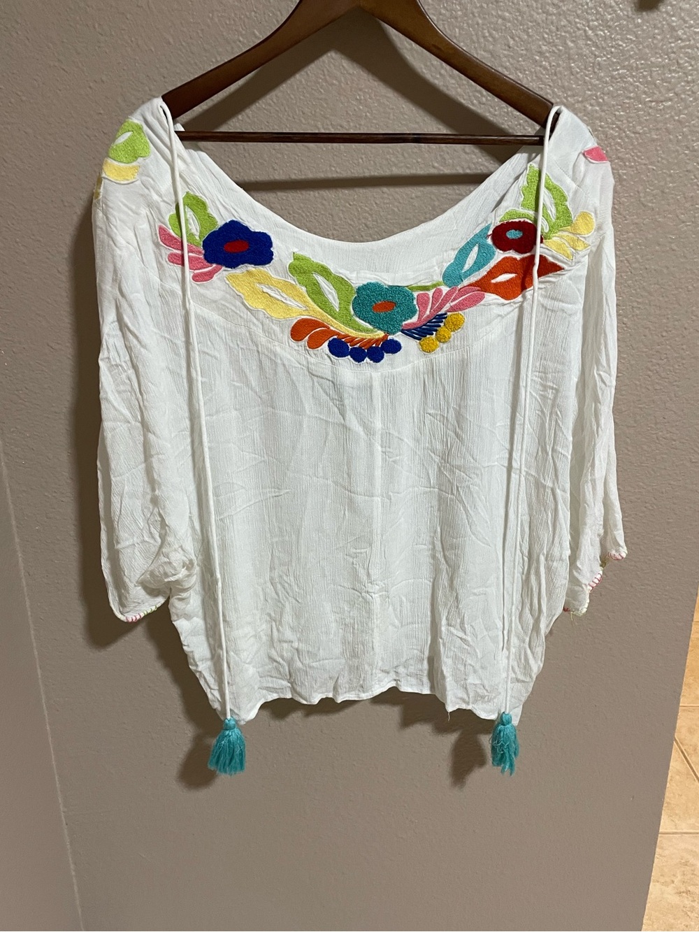 Judith March White Embroidered Boho Peasant Top with Multicolor Floral Accents